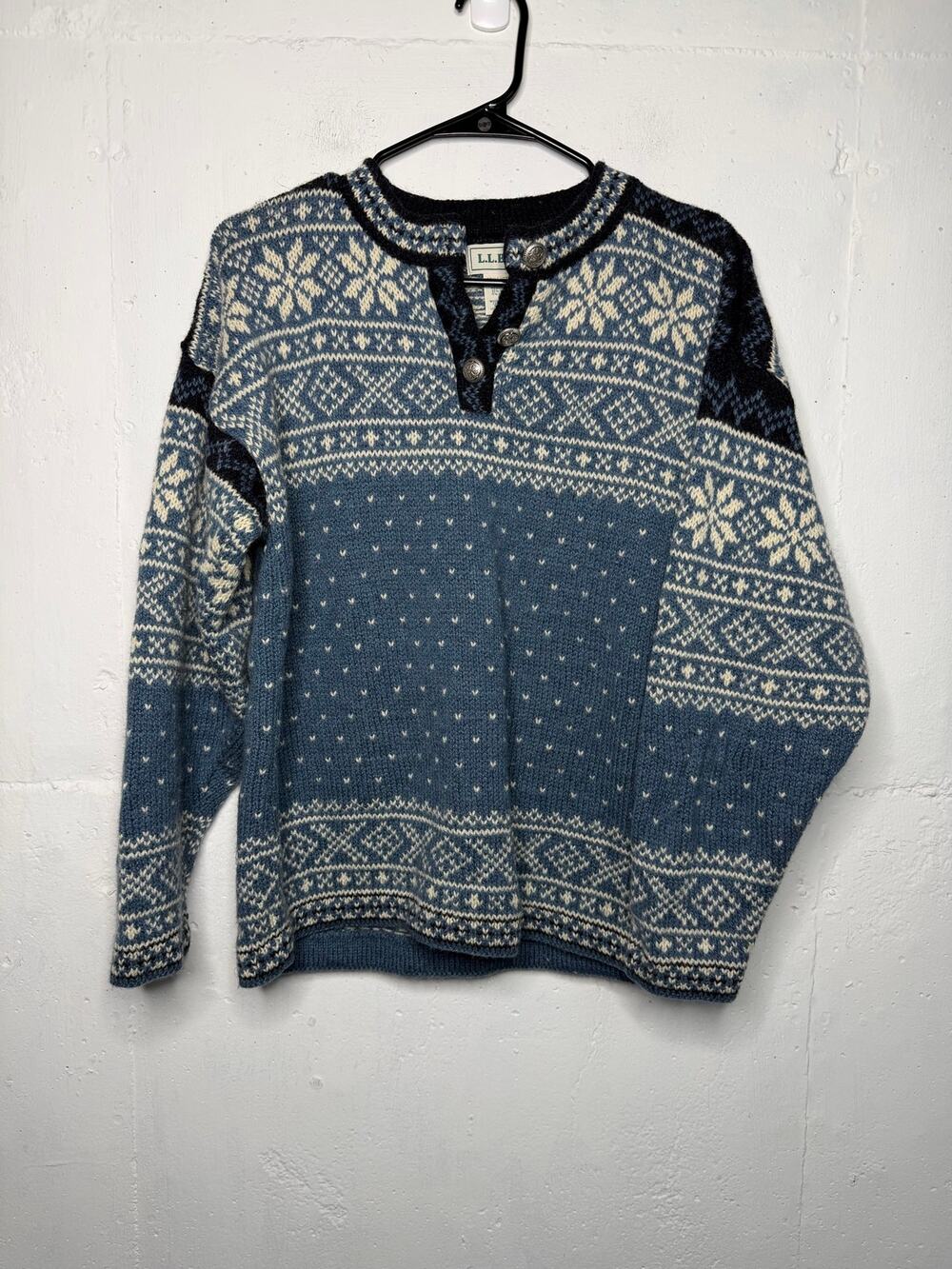 Vintage LL Bean Sweater Womens Med Nordic Fair Isle Wool USA Blue